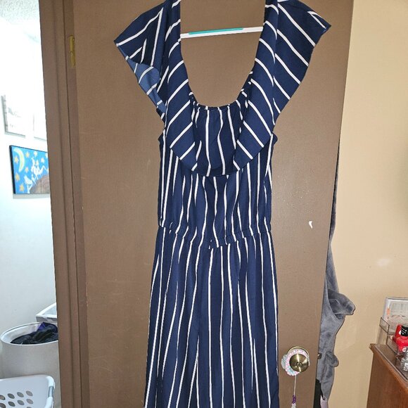 J Gee Navy White Striped Off-the-Shoulder Jumpsuit - Picture 1 of 5